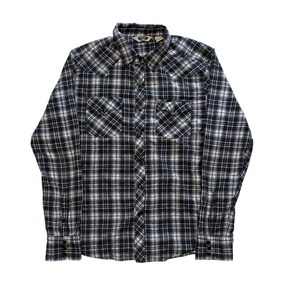 Salt Valley Western Mens Black White Plaid Pearl Snap Long Sleeve Shirt Large
